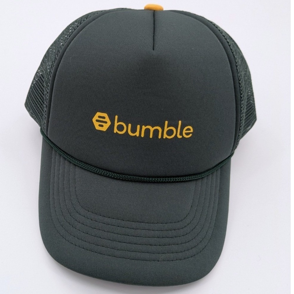 BUMBLE Trucker Hat Ball Cap Snapback Green Mesh Adjustable Yellow Accents